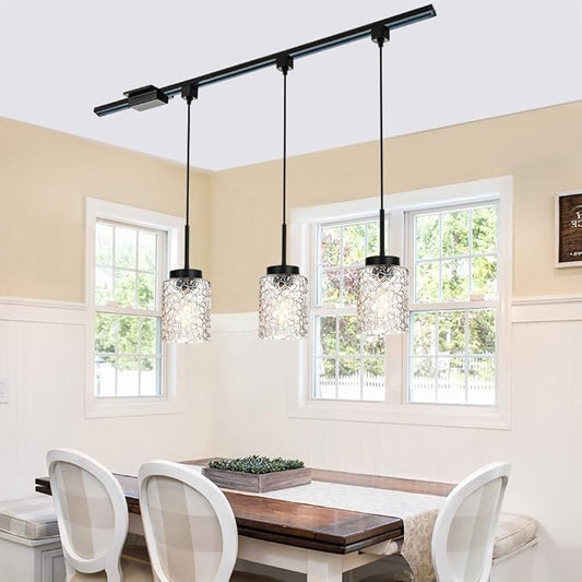 VINLUZ 3-Pack H-Type Track Lighting Pendant Fixture with Clear Glass Shades, Industrial Ceiling Hanging Light Black Finish for Kitchen Island