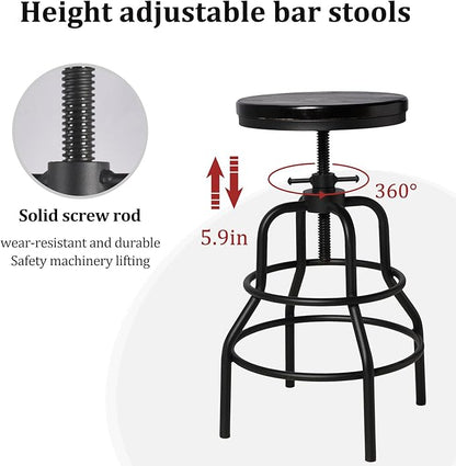 LOKKHAN Vintage Industrial Bar Stool-Rustic Swivel Bar Stool-Round Walnut Wood Metal Stool-Counter/Bar Height Adjustable Pipe Stool-Cast Steel Stool 23.62"-29.52" (Set of 2)