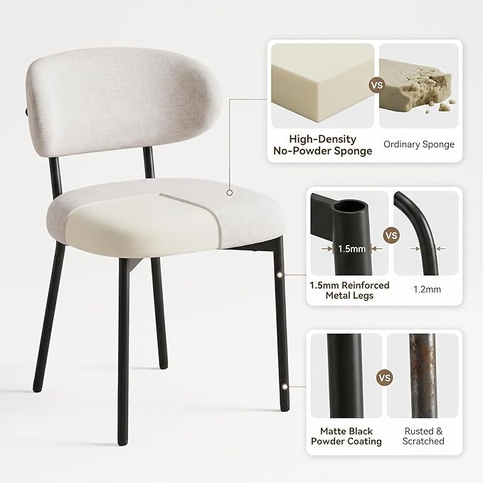 Upholstered Dining Chairs Set of 4, Modern Fabric Kitchen Chairs with Curved Backrest and Cushioned Seat, Sturdy Metal Legs, Comfortable Accent Chairs for Kitchen Dining Room, Living Room,Beige