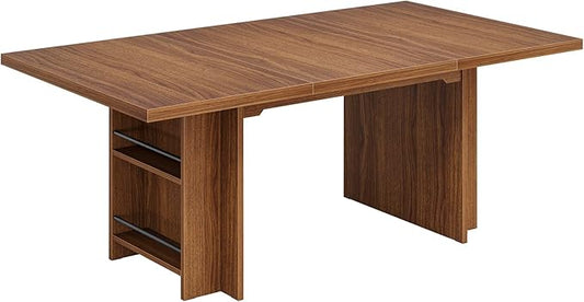 63 Inch Farmhouse Dining Table with Integrated Storage Shelves, Brown Oak Wooden Kitchen Table for 6 to 8 People, Large Home Office Computer Desk with 300lb Weight Capacity
