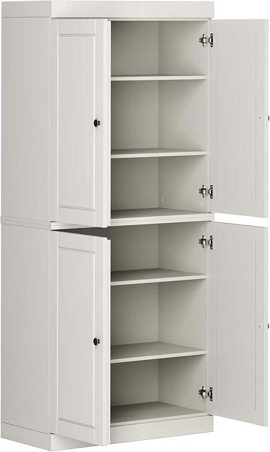 Palace Imports Solid Wood Kitchen Pantry Cabinet - 71.5" Tall x 32" Wide - Wooden Storage Cabinet with 4 Raised Panel Doors & Adjustable Shelves, Off White, Renewable Eco-Friendly, Modular Cabinets