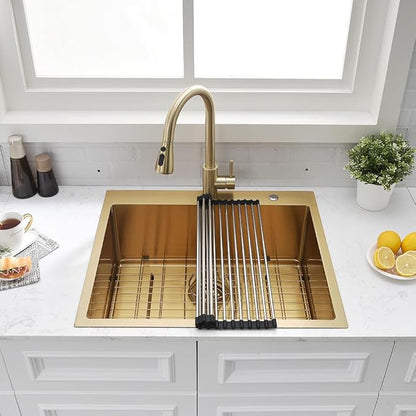 Stainless Steel Gold Kitchen Sink, 25x22 Drop in Kitchen Sink Single Bowl Outdoor Brushed Gold Topmount 16 Gauge Utility RV 10 Inch Deep Basin