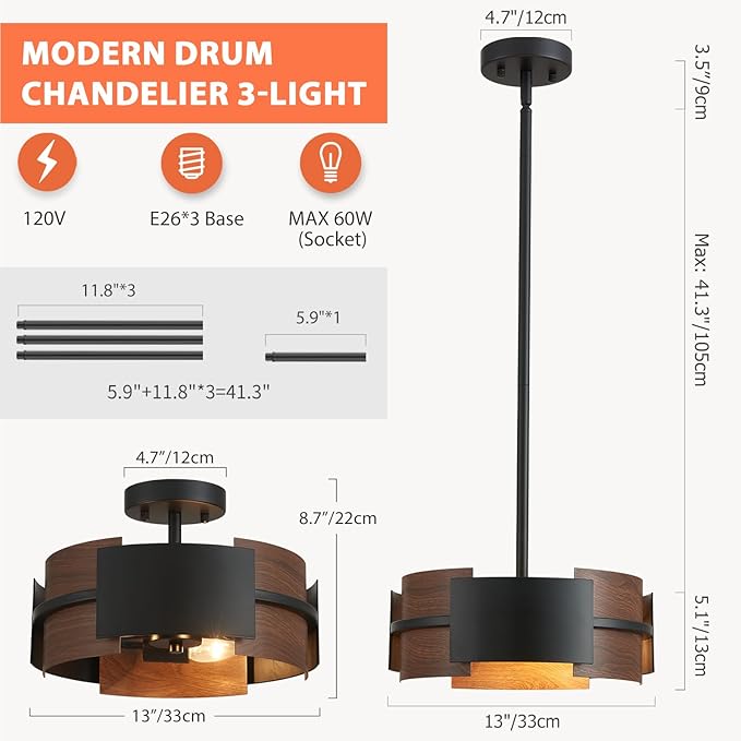 Modern Dining Room Light Fixture Rustic Round 3-Light Pendant Light for Bedroom Foyer Hallway Corridor Dining Room Kitchen 13" Wood Grain