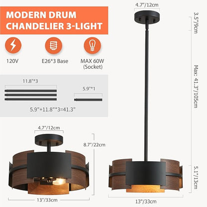 Modern Dining Room Light Fixture Rustic Round 3-Light Pendant Light for Bedroom Foyer Hallway Corridor Dining Room Kitchen 13" Wood Grain