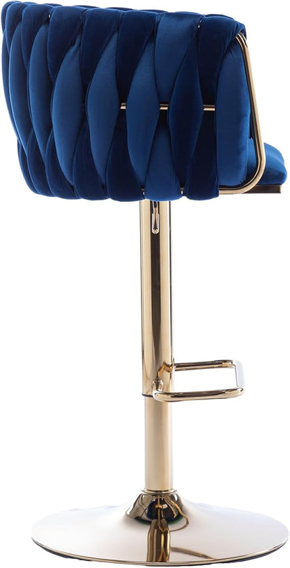 Rhomtree 24-32 Inch Swivel Bar Stools, Adjustable Counter Height Barstools with Nailheads Trim, Velvet Woven Tufted Back and Golden Footrest, Upholstered Bar Chairs Bar Kitchen Island(Navy Set of 4)