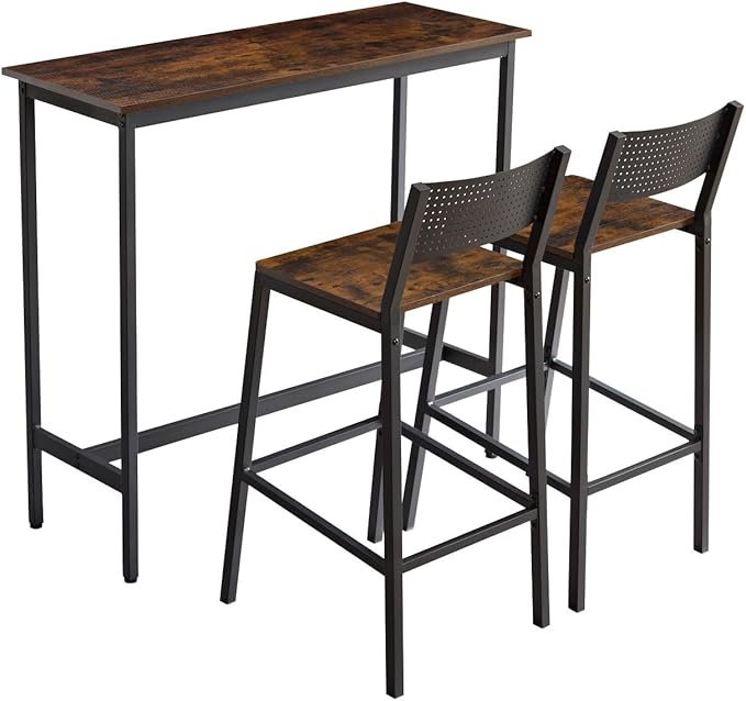 3 Piece High Top Table Set Kitchen Bar Table and Chairs Set for 2, Island Dining Table,Counter Height Pub Small Table Set, Industrial, Rustic Brown