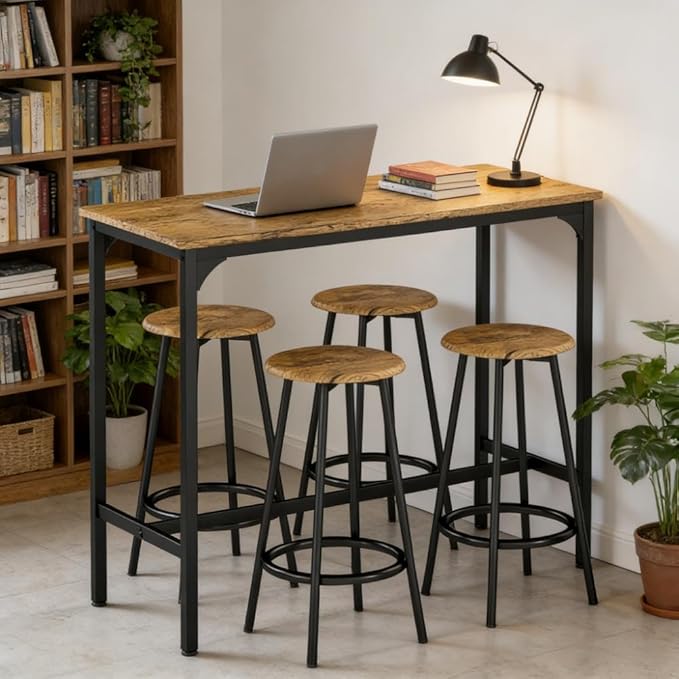5-Piece Counter Height Bar Table and Chairs Set – Industrial Rustic Brown Wood & Black Metal Frame Dining Furniture for 4 – Space-Saving Kitchen Island with Stools