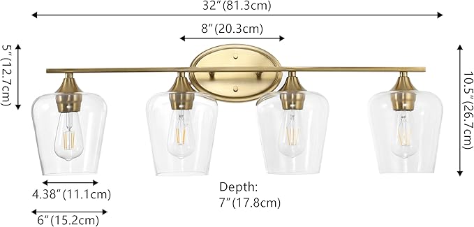 JONATHAN Y 32" Brass Gold 4-Light Farmhouse Rustic LED Vanity Light Sconce, Clear Glass Shade, Vintage Indoor Fixture for Bathroom Mirror, LED Bulb Included (JYL7548B)