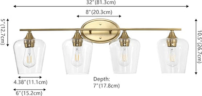 JONATHAN Y 32" Brass Gold 4-Light Farmhouse Rustic LED Vanity Light Sconce, Clear Glass Shade, Vintage Indoor Fixture for Bathroom Mirror, LED Bulb Included (JYL7548B)