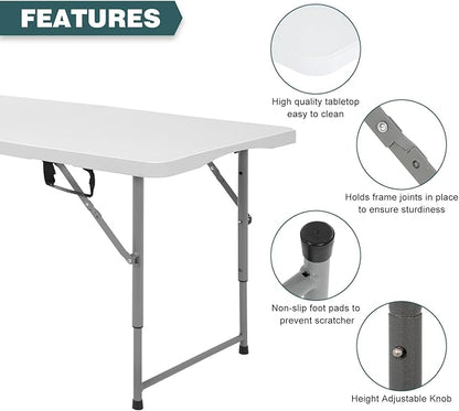 FDW 4 Foot Outdoor Dining Table, Foldable Portable Rectangular Plastic Folding Table with Built in Carrying Handle and Height Adjustable for Party and Wedding Use, White