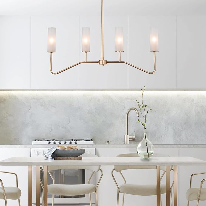 LOG BARN Pendant Lighting for Kitchen Island, 4-Light Modern Gold Linear Dining Room Chandelier Light Fixture Over Table, 32'' Kitchen Island Lighting with Frosted Glass Shade