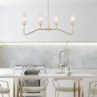 LOG BARN Pendant Lighting for Kitchen Island, 4-Light Modern Gold Linear Dining Room Chandelier Light Fixture Over Table, 32'' Kitchen Island Lighting with Frosted Glass Shade