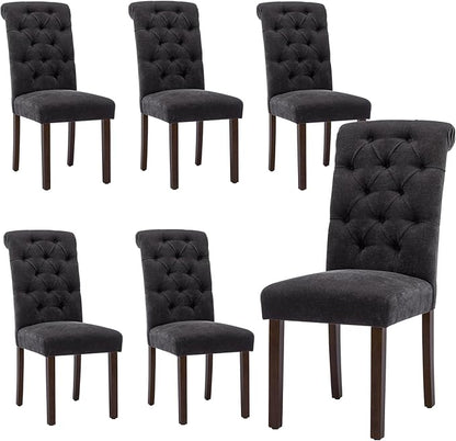 Tufted Dining Chairs Set of 6, Upholstered Parsons Dining Room Chairs, Fabric Kitchen Side Chair with Wood Legs, Black