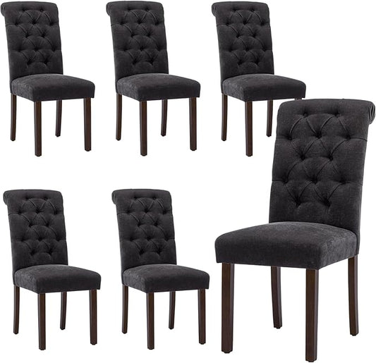 Tufted Dining Chairs Set of 6, Upholstered Parsons Dining Room Chairs, Fabric Kitchen Side Chair with Wood Legs, Black
