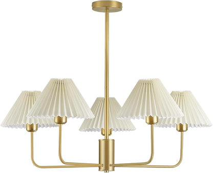 Gold Chandelier Light Fixture, 5-Lights Mid Century Chandelier with Shades for Dining Room Light Fixture, Adjustable Height White Pleated Farmhouse Pendant Light for Bedroom Ceiling Lamp