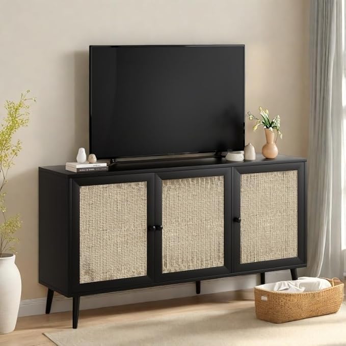FONTOI Rattan Entryway Table, Entertainment Center with Adjustable Shelf, Sideboard Buffet Cabinet with 3 Rattan Doors, Modern Console Cabinet with Large Storage for Living Room, Kitchen, Black