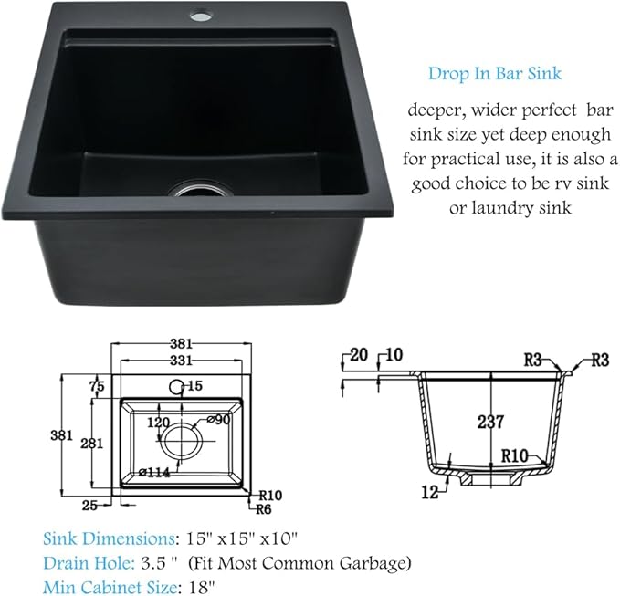 15x15 Black Drop In Bar Sink Workstation -Bokaiya 15 Inch Quartz Outdoor Rv Wet Bar Sink Single Bowl Small Drop In Kitchen Sinks with Cutting Board