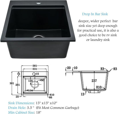 15x15 Black Drop In Bar Sink Workstation -Bokaiya 15 Inch Quartz Outdoor Rv Wet Bar Sink Single Bowl Small Drop In Kitchen Sinks with Cutting Board