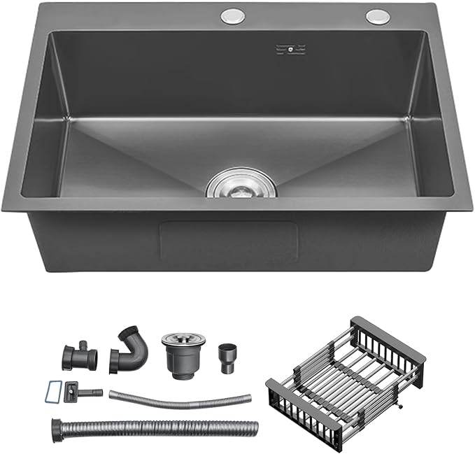 33 Inch Drop In Kitchen Sink, Top mount SUS304 Stainless Steel Nano Gunmetal Black Single Bowl Sink, Prep Kitchen, Bar 33 x 19 x 9 inch