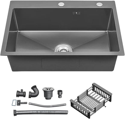 33 Inch Drop In Kitchen Sink, Top mount SUS304 Stainless Steel Nano Gunmetal Black Single Bowl Sink, Prep Kitchen, Bar 33 x 19 x 9 inch