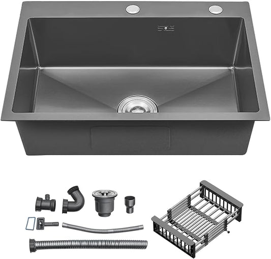 33 Inch Drop In Kitchen Sink, Top mount SUS304 Stainless Steel Nano Gunmetal Black Single Bowl Sink, Prep Kitchen, Bar 33 x 19 x 9 inch