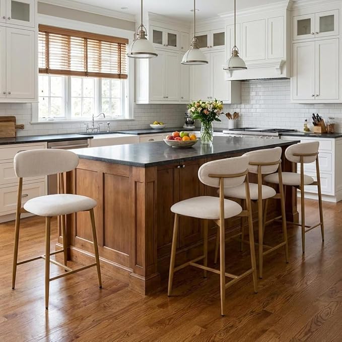 Counter Height Bar Stools Set of 4, Kitchen Bar Stools with Back, Mid Century Modern Upholstered, with Metal Legs for Kitchen Island Dining Room