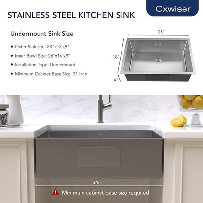 Kitchen Sink 28x18 Inch Undermount Kitchen Sink 16 Gauge Stainless Steel Sinks Single Bowl with Accessories Round Corners Handmade
