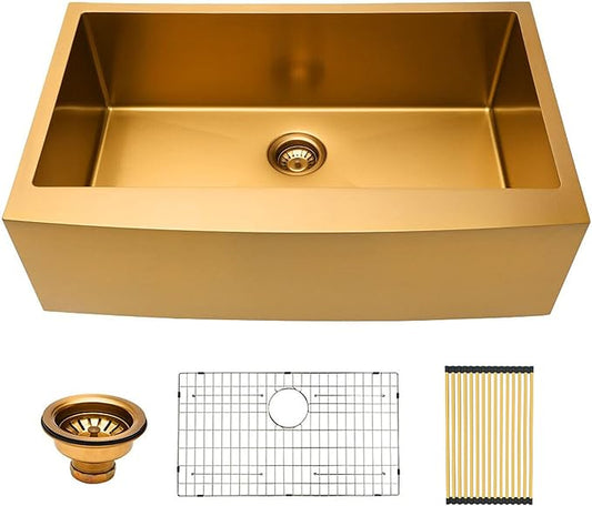 36 Farmhouse Sink Gold - Lordear 36 inch Kitchen Sink Apron Front 16 Gauge Matte Gold Stainless Steel Deep Single Bowl Farm Sinks Basin