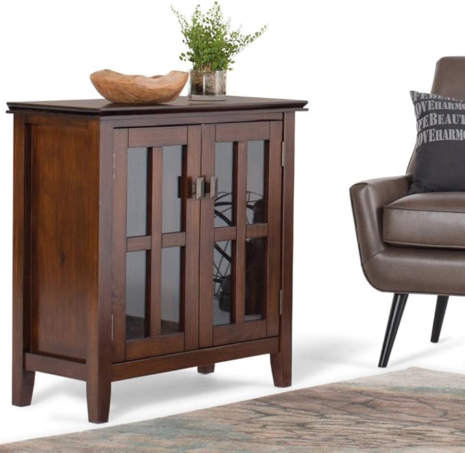 SIMPLIHOME Artisan Storage Cabinet - 30 inch Wide Solid Wood Low Storage Cabinet in Russet Brown, Contemporary Accent Cabinet for Living Room or Dining Room with Glass Doors and Adjustable Shelves