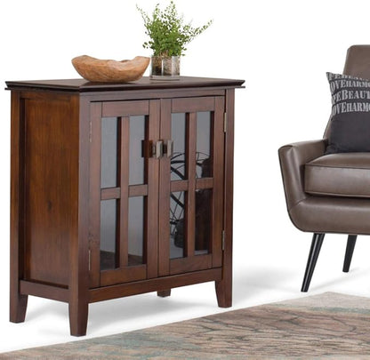 SIMPLIHOME Artisan Storage Cabinet - 30 inch Wide Solid Wood Low Storage Cabinet in Russet Brown, Contemporary Accent Cabinet for Living Room or Dining Room with Glass Doors and Adjustable Shelves