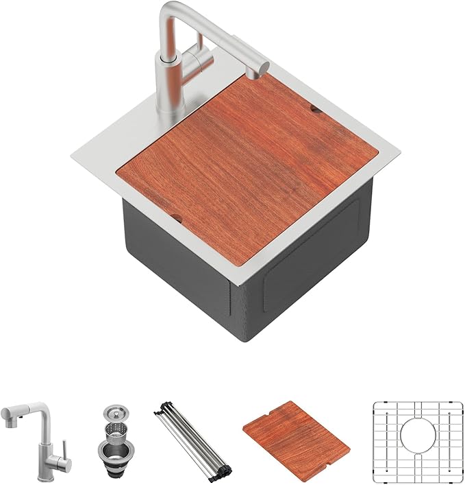Mocoloo 15 Inch Bar Sink with Faucet, 16 Gauge Drop in Workstation Sink - 15x15x9" Stainless Steel Single Bowl Small Rv Kitchen Sink with Pull-Out Faucet