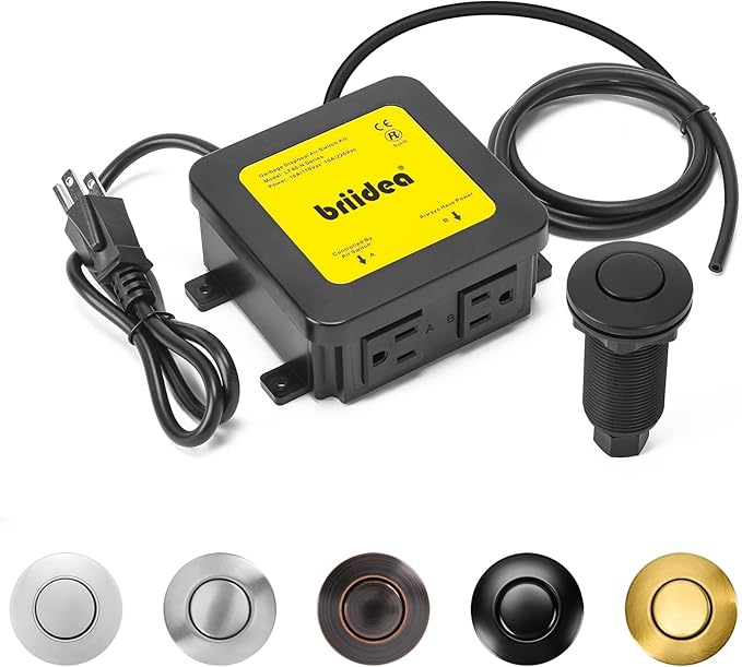 Garbage Disposal Air Switch Kit Dual Outlet Sink Top Waste Disposal Long Stainless Steel Black On/Off Air Button Food and Waste Disposals Part by Briidea, UL Listed
