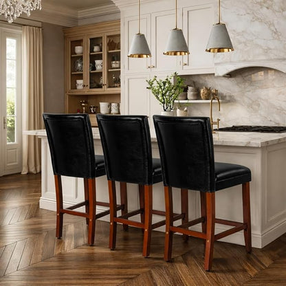 HomePop Home Decor Classic Counter Height Bar Stool, Set of 1, 29 Inch, Faux Leather Upholstered, Decorative Home Furniture, Black