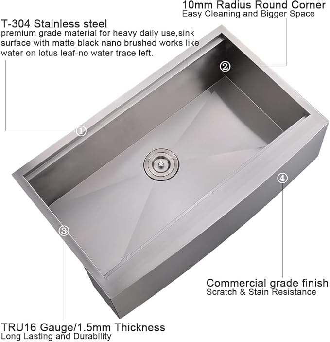 33 Inch Farmhouse Sink Stainless Steel -VOKIM 33x22 Inch Apron Front Kitchen Sink 16 Gauge 304 Stainless Steel Single Bowl Farm Sink
