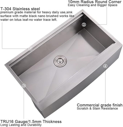33 Inch Farmhouse Sink Stainless Steel -VOKIM 33x22 Inch Apron Front Kitchen Sink 16 Gauge 304 Stainless Steel Single Bowl Farm Sink