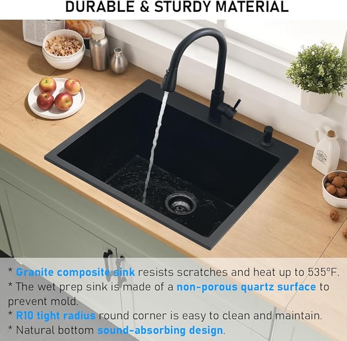 25x22 Drop In Kitchen Sink, Matte Black Granite Composite Quartz Drop In Sink Single Bowl Outdoor Kitchen Sink 25-inch Utility Drop-In/Topmount with Small Rubber Squeegee
