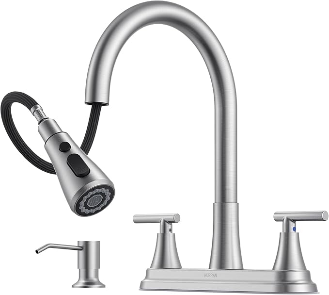 Hurran 8-Inch 2 Handle Pull Down Kitchen Faucet with Soap Dispenser, High Arc 2-in-1 Spray/Stream Stainless Steel Kitchen Sink Faucet for 3-4 Hole Widespread Installation, Brushed Nickel
