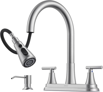 Hurran 8-Inch 2 Handle Pull Down Kitchen Faucet with Soap Dispenser, High Arc 2-in-1 Spray/Stream Stainless Steel Kitchen Sink Faucet for 3-4 Hole Widespread Installation, Brushed Nickel