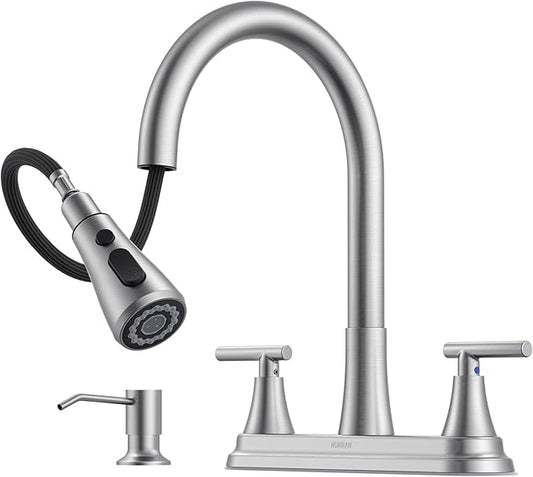 Hurran 8-Inch 2 Handle Pull Down Kitchen Faucet with Soap Dispenser, High Arc 2-in-1 Spray/Stream Stainless Steel Kitchen Sink Faucet for 3-4 Hole Widespread Installation, Brushed Nickel