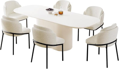 Miuuod 86.61" Dining & Kitchen Table Set,Solid Kitchen Table with 6 Chairs,Large Oval Dinner Table with Rounded Corners for Dining Room,Living Room Furniture,Cream White