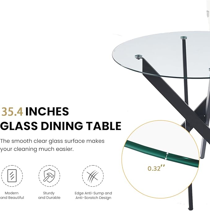 36'' Round Glass Dining Table for 2-4, Round Dining Room Table for Small Space, Circular Glass Kitchen Table for 4, X-Shape Black Metal Legs