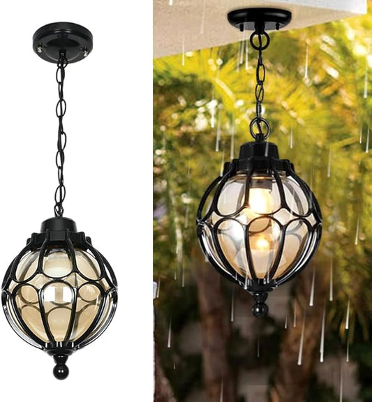 Outdoor Pendant Light Fixtures for Porch, Waterproof Exterior Lantern Glass Vintage Hanging Ceiling Light Retro Aluminum Outside Chandelier for Porch Patio Entryway Farmhouse (18cm/7",Black)