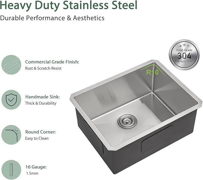 28 Inch Undermount Kitchen Sink 28x18 Stainless Steel Single Bowl Kitchen Sinks 16 Gauge Under Counter Round Corner Handmade Sinks Basin, 28x18x9 Inch