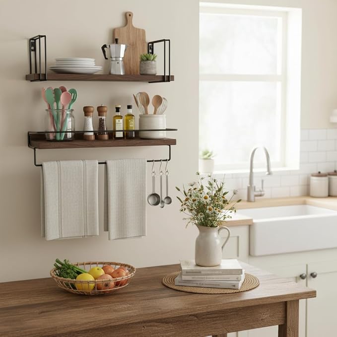 Floating Shelves with Towel Bar - American Black Walnut Solid Wood Shelf, Set of 2 Over Toilet Wall Storage Shelves with Metal Frame for Kitchen Bedroom Living Room