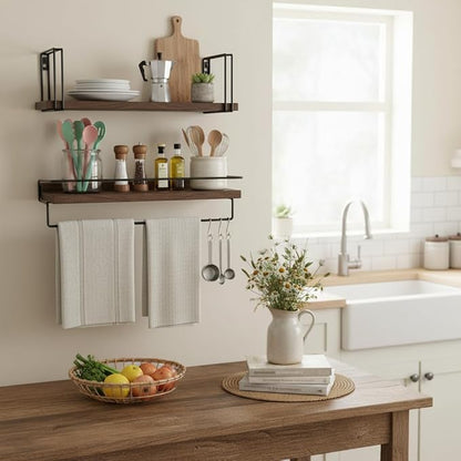 Floating Shelves with Towel Bar - American Black Walnut Solid Wood Shelf, Set of 2 Over Toilet Wall Storage Shelves with Metal Frame for Kitchen Bedroom Living Room