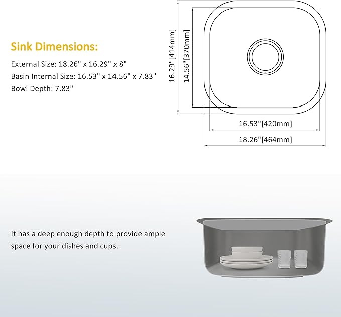 Bar Sink, 18" x 16" x 8" Undermount Kitchen Sink,T-304S Stainless Steel RV Kitchen Sinks, Small Kitchen Sinks With Sink Drain Strainer, Use at Rv, Bar,Outdoor, Laundry and Utility,Bathroom