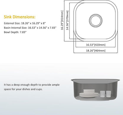 Bar Sink, 18" x 16" x 8" Undermount Kitchen Sink,T-304S Stainless Steel RV Kitchen Sinks, Small Kitchen Sinks With Sink Drain Strainer, Use at Rv, Bar,Outdoor, Laundry and Utility,Bathroom
