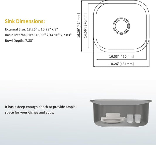 Bar Sink, 18" x 16" x 8" Undermount Kitchen Sink,T-304S Stainless Steel RV Kitchen Sinks, Small Kitchen Sinks With Sink Drain Strainer, Use at Rv, Bar,Outdoor, Laundry and Utility,Bathroom