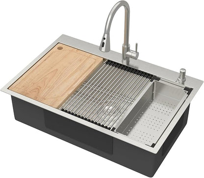 33x22 Drop In Kitchen Sink with Faucet Combo - 33 Inch Kitchen Sinks Drop In 16 Gauge Stainless Steel Topmount Single Bowl Workstation Over Mount Sinks and Faucet Combo Set #TLT-0020