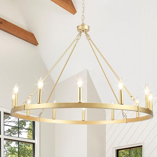 Gold Wagon Wheel Chandelier for Dining Room Light Fixture 12Light Gold Chandelier for Foyer 38inch 27-86" Height Adjustable Pendant Light for Flat Sloped Ceilings Dining Room Kitchen Island Entryway
